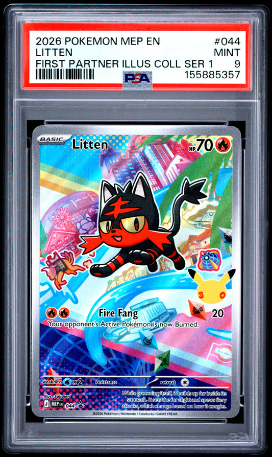 PSA MINT 9 Litten 044 FIRST PARTNER ILLUS COLL SER 1 English Me Black Star Promo Pokemon 2026