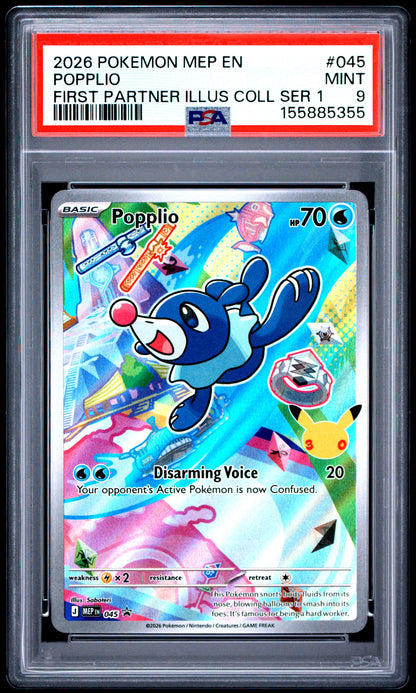 PSA MINT 9 Popplio 045 FIRST PARTNER ILLUS COLL SER 1 English Me Black Star Promo Pokemon 2026