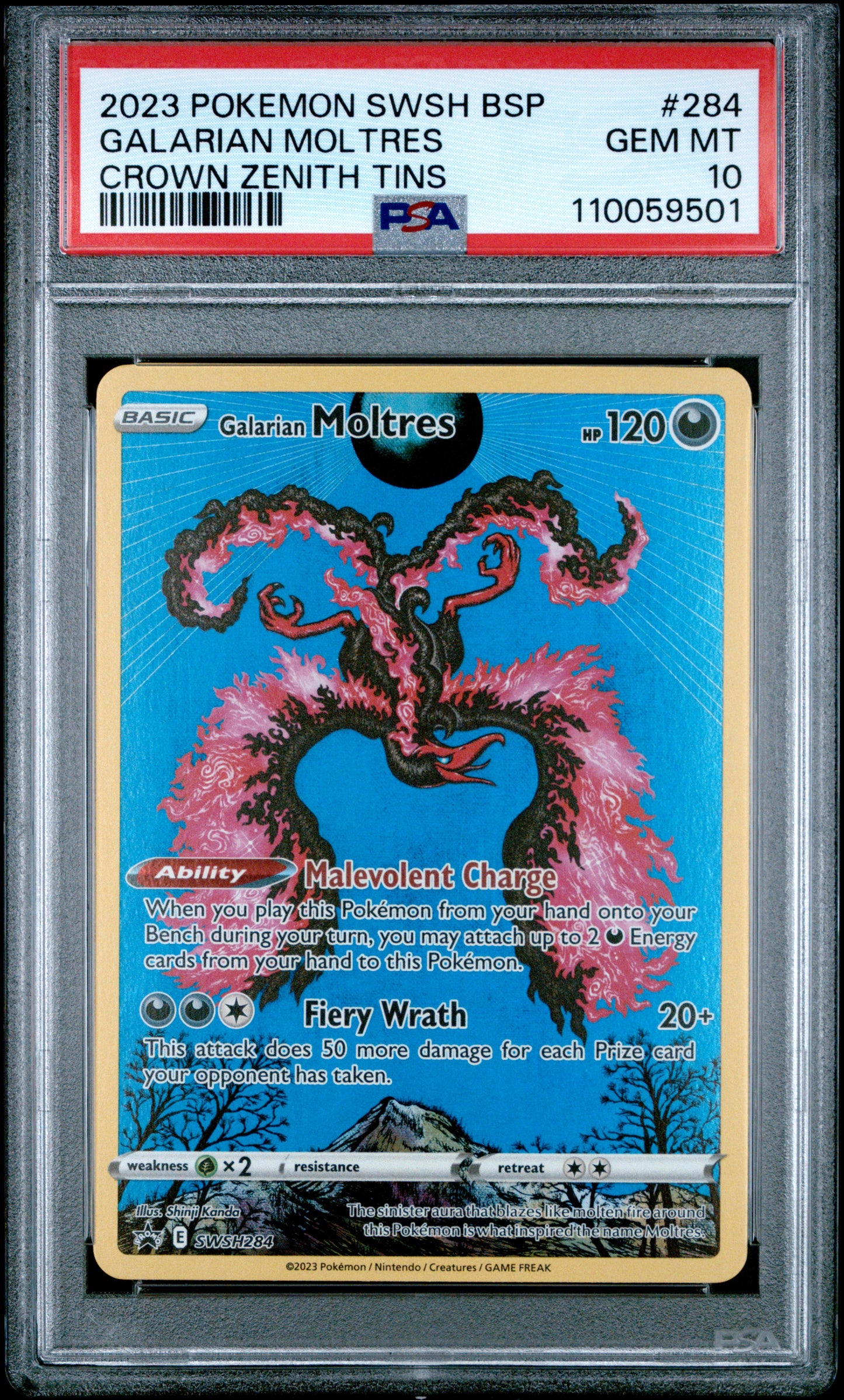 PSA GEM MT 10 Galarian Moltres 284 CROWN ZENITH TIN English SWSH Black Star Promo Pokemon 2023