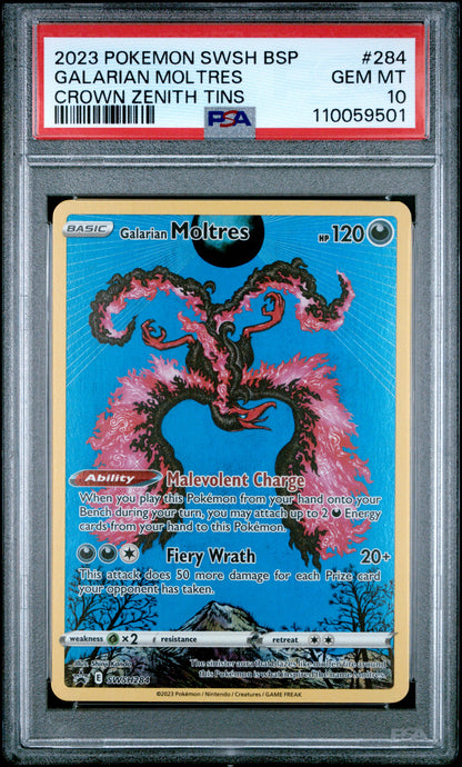 PSA GEM MT 10 Galarian Moltres 284 CROWN ZENITH TIN English SWSH Black Star Promo Pokemon 2023
