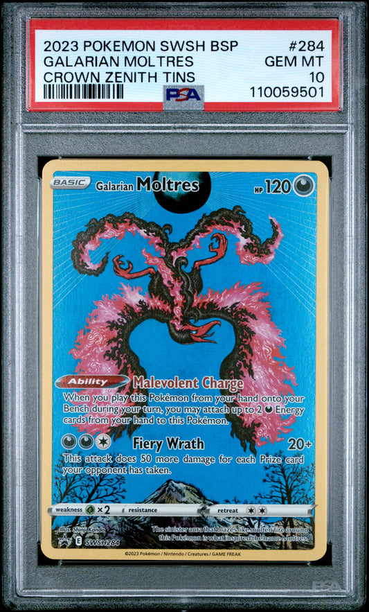 PSA GEM MT 10 Galarian Moltres 284 CROWN ZENITH TIN English SWSH Black Star Promo Pokemon 2023