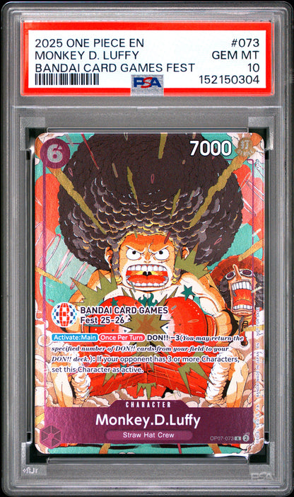 PSA GEM MT 10 Monkey D. Luffy 073 BANDAI CARD GAMES FEST English Promos One Piece 2025
