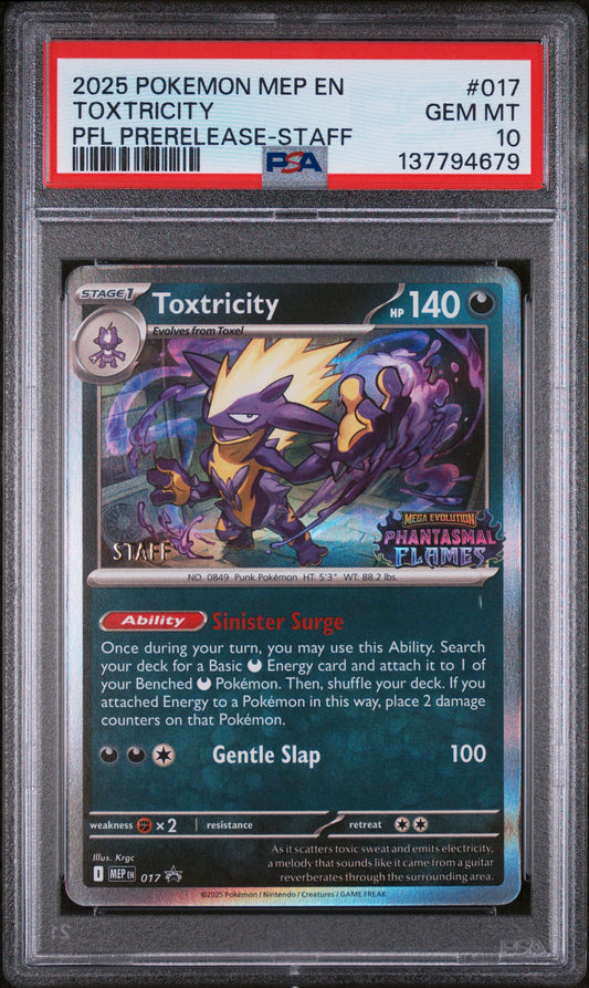 PSA GEM MT 10 Toxtricity 017 PFL PRERELEASE-STAFF English Me Black Star Promo Pokemon 2025