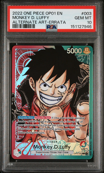 PSA GEM MT 10 Monkey D. Luffy 003 ALTERNATE ART-ERRATA English Romance Dawn One Piece 2022