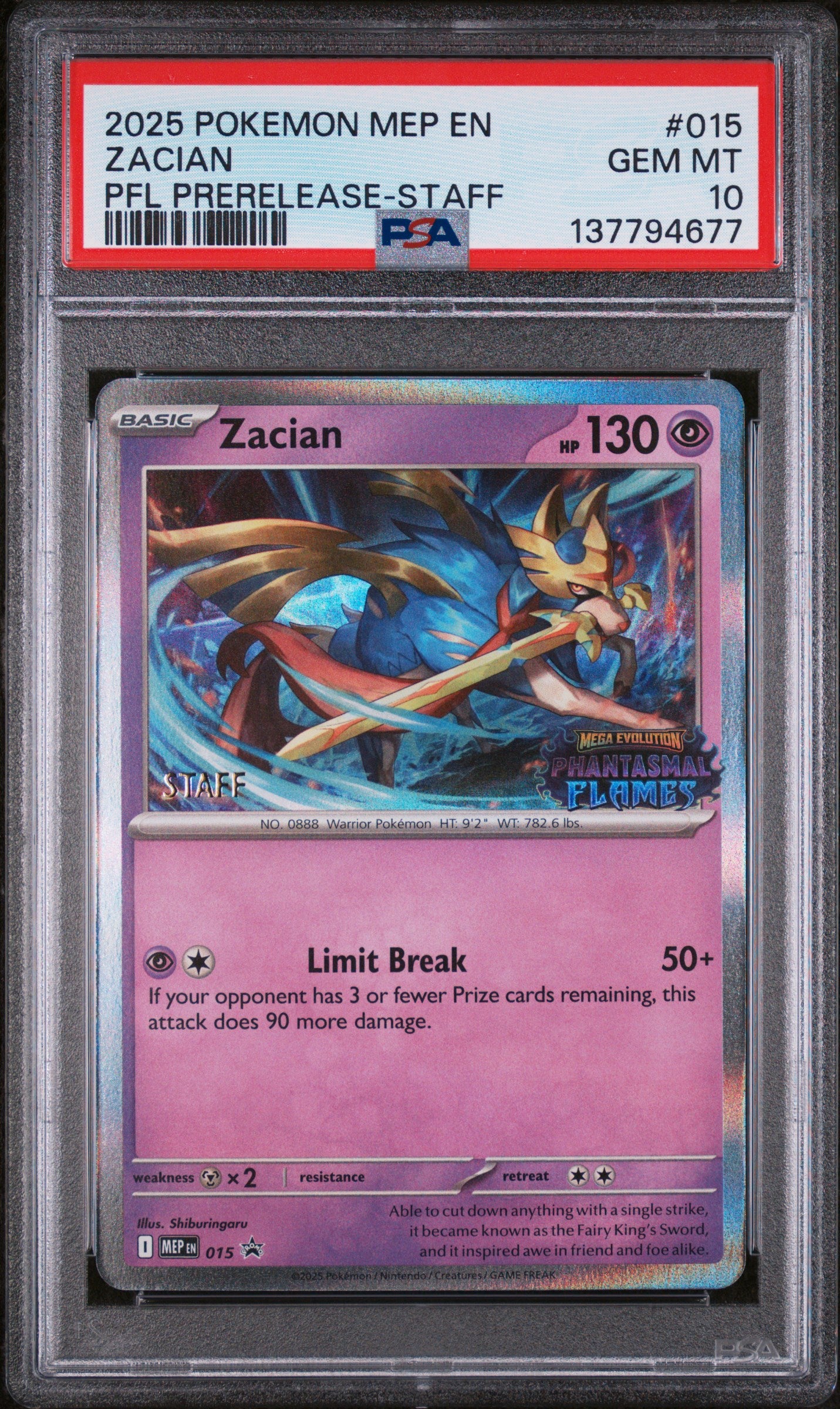 PSA GEM MT 10 Zacian 015 PFL PRERELEASE-STAFF English Me Black Star Promo Pokemon 2025