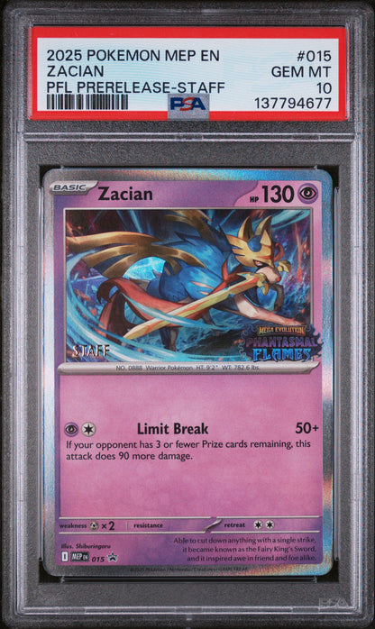 PSA GEM MT 10 Zacian 015 PFL PRERELEASE-STAFF English Me Black Star Promo Pokemon 2025