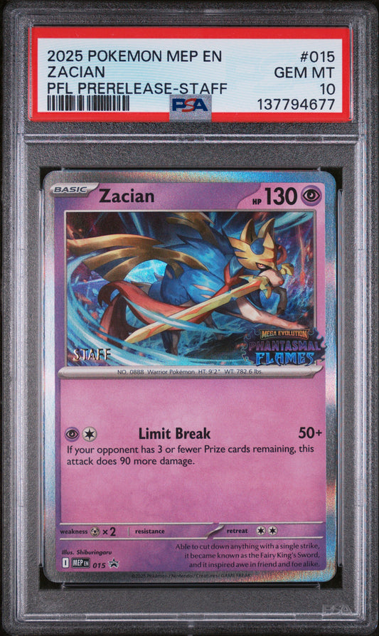 PSA GEM MT 10 Zacian 015 PFL PRERELEASE-STAFF English Me Black Star Promo Pokemon 2025