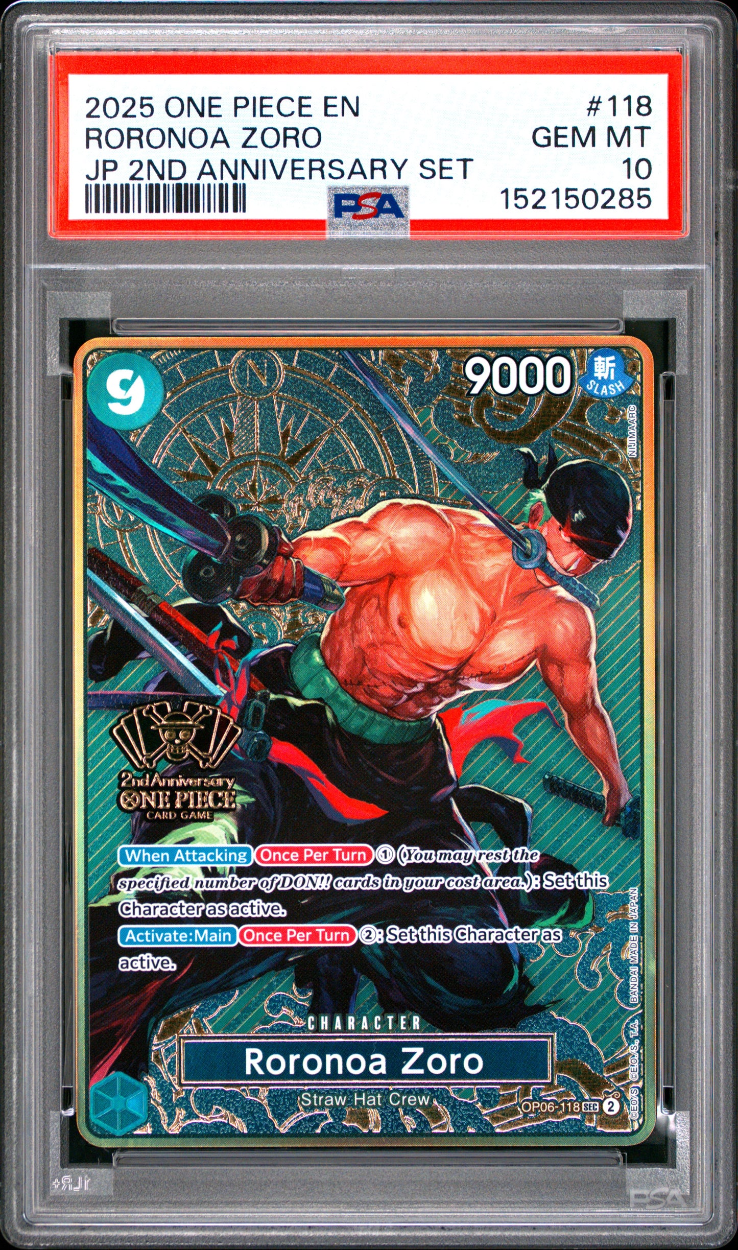 PSA GEM MT 10 Roronoa Zoro 118  Japanese 2nd Anniversary Set One Piece 2025