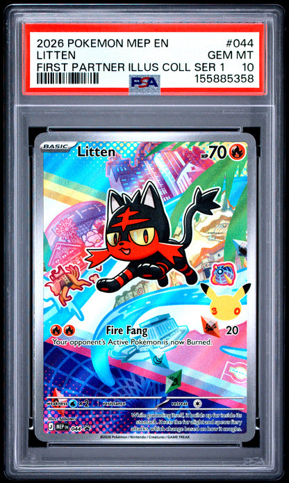 PSA GEM MT 10 Litten 044 FIRST PARTNER ILLUS COLL SER 1 English Me Black Star Promo Pokemon 2026