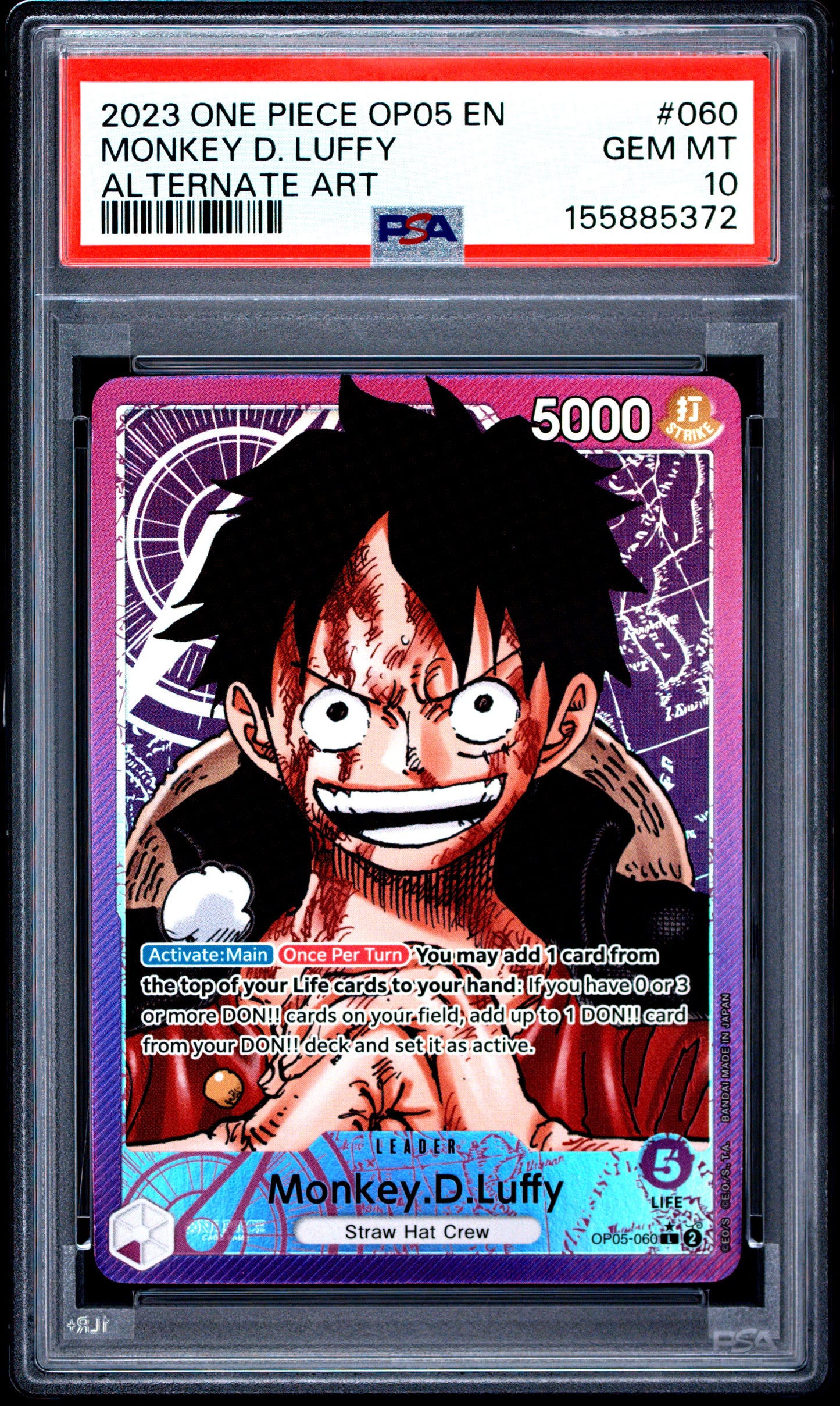 PSA GEM MT 10 Monkey D. Luffy 060 ALTERNATE ART English Awakening Of The New Era One Piece 2023