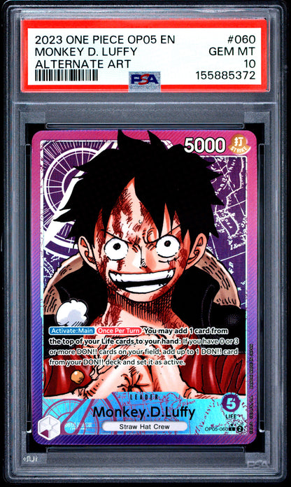 PSA GEM MT 10 Monkey D. Luffy 060 ALTERNATE ART English Awakening Of The New Era One Piece 2023