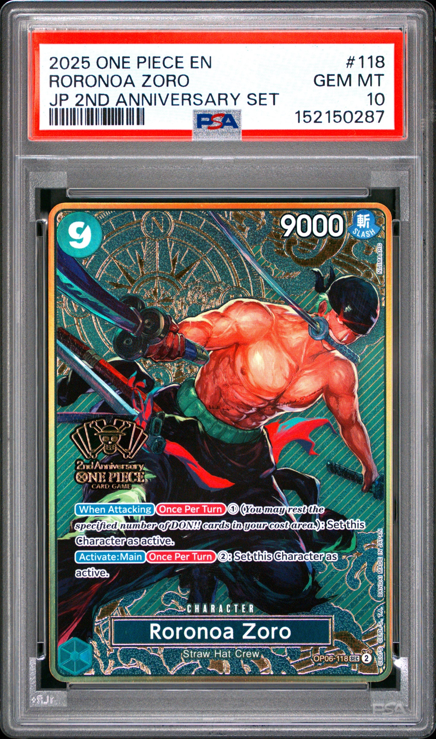 PSA GEM MT 10 Roronoa Zoro 118  Japanese 2nd Anniversary Set One Piece 2025