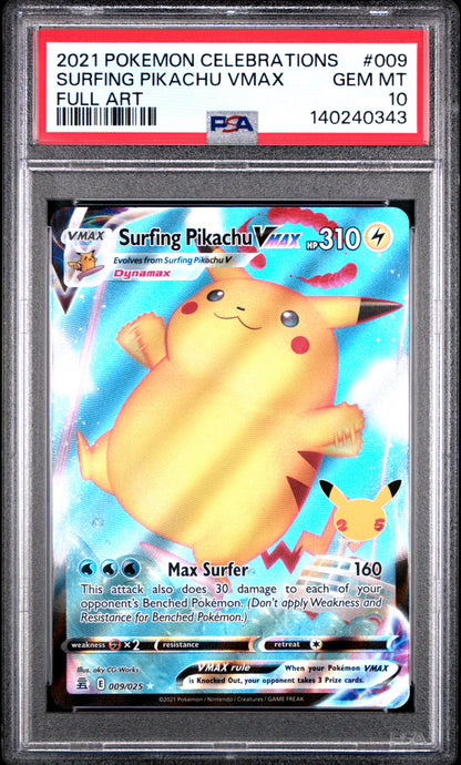 PSA GEM MT 10 Surfing Pikachu VMAX 009 FULL ART English Celebrations Pokemon 2021