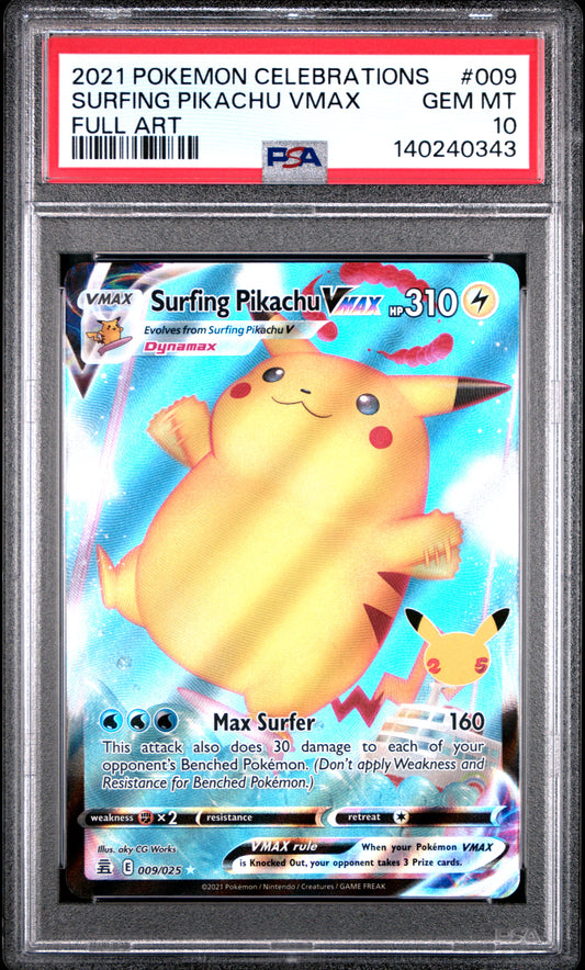 PSA GEM MT 10 Surfing Pikachu VMAX 009 FULL ART English Celebrations Pokemon 2021