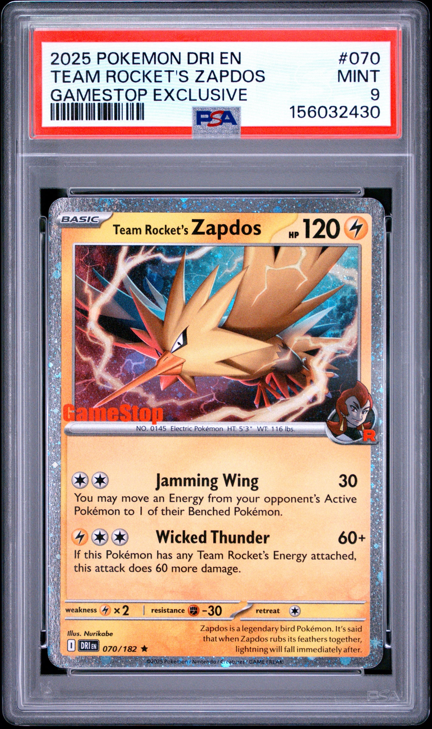PSA MINT 9 Team Rocket's Zapdos 070 GAMESTOP EXCLUSIVE English Destined Rivals Pokemon 2025