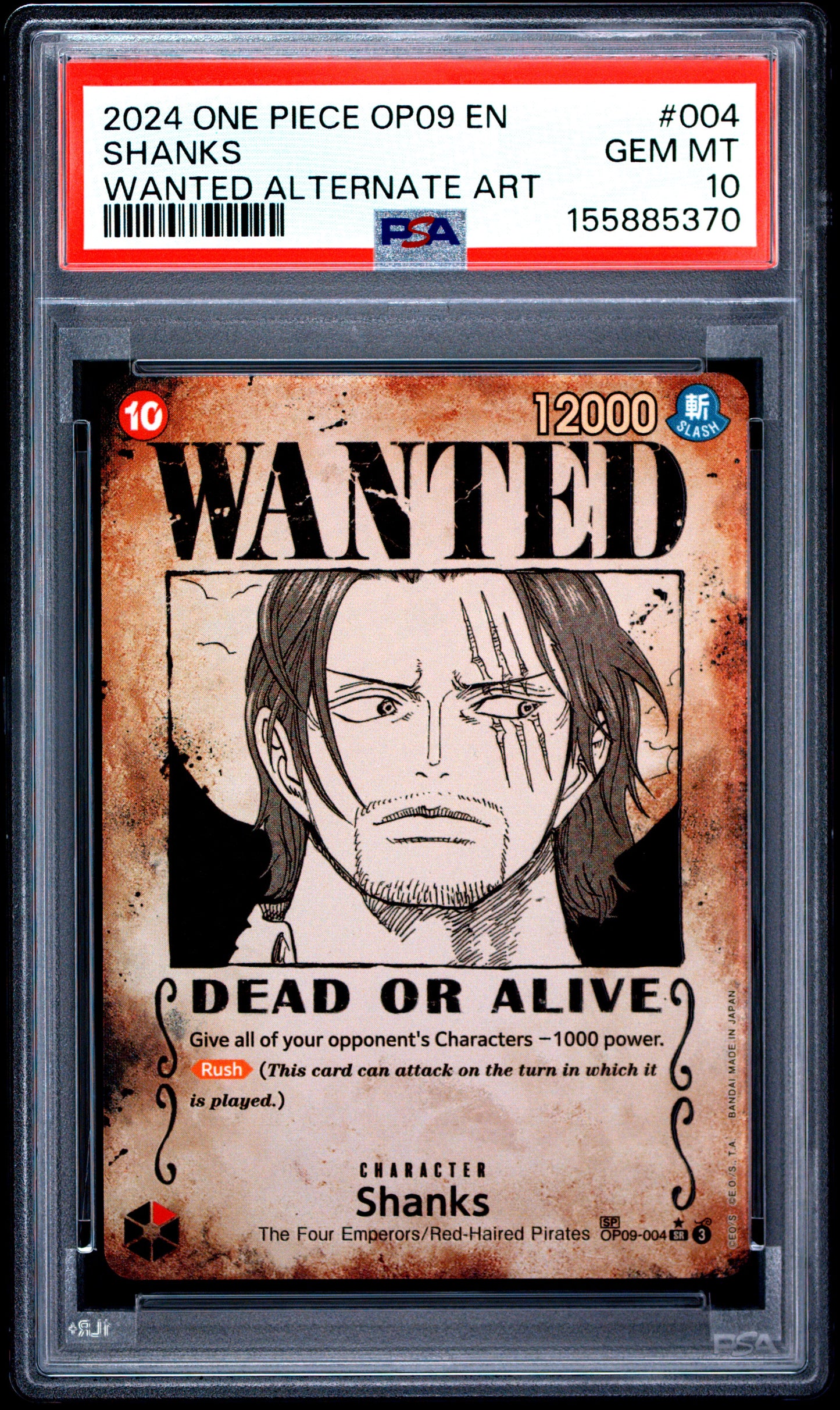 PSA GEM MT 10 Shanks 004 WANTED ALTERNATE ART English Emperors In The New World One Piece 2024