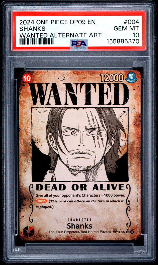 PSA GEM MT 10 Shanks 004 WANTED ALTERNATE ART English Emperors In The New World One Piece 2024