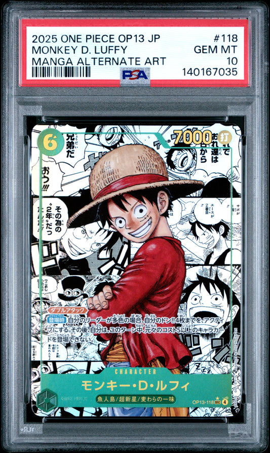 PSA GEM MT 10 Monkey D. Luffy 118 MANGA ALTERNATE ART Japanese Carrying On His Will One Piece 2025