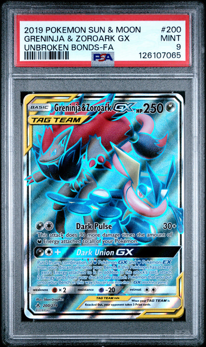 PSA MINT 9 Greninja & Zoroark GX 200 UNBROKEN BONDS-FA English SM Unbroken Bonds Pokemon 2019